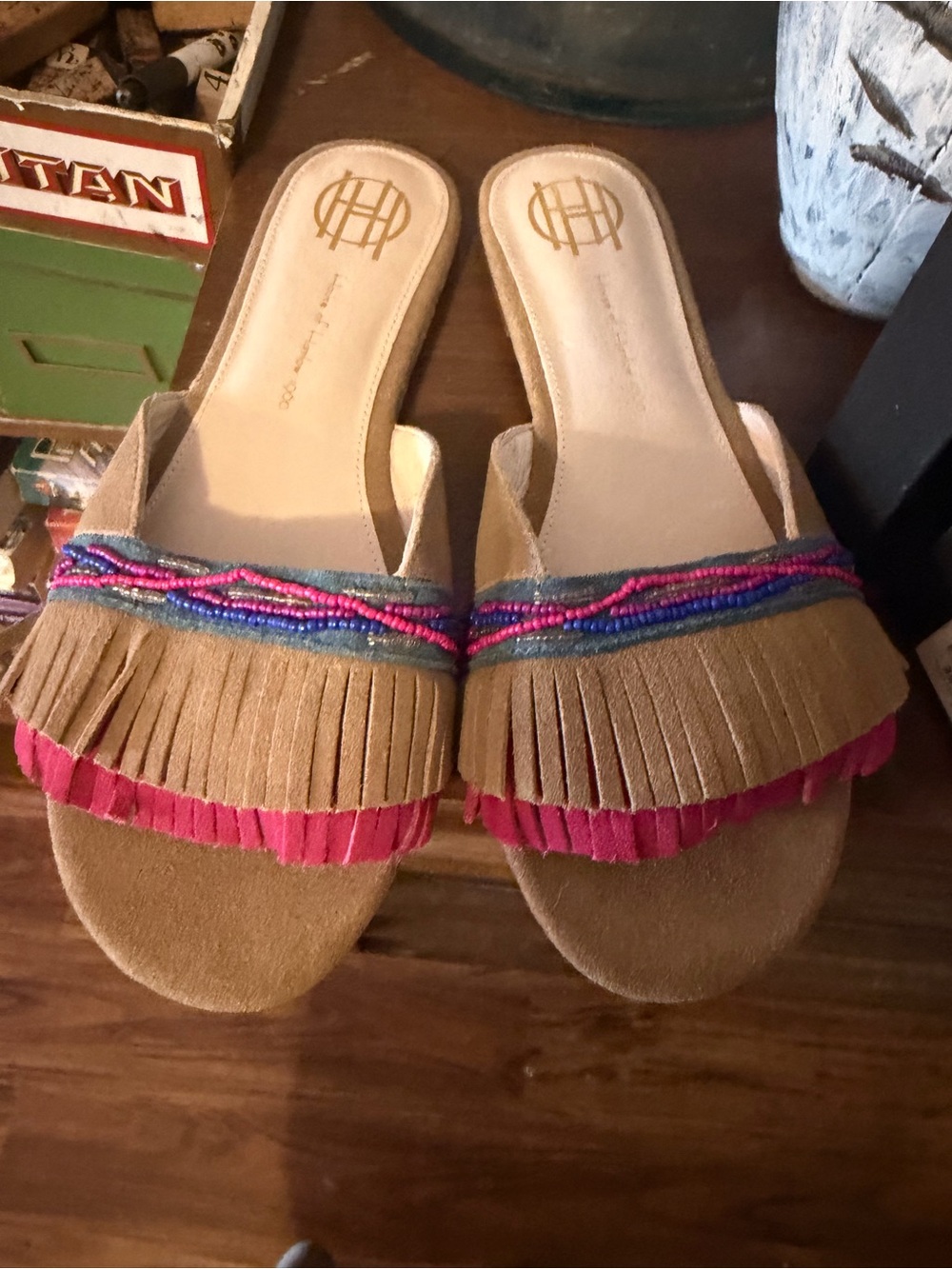 House of Harlow 1960 Tan Slide Mules with Pink & Blue Bead Accents
